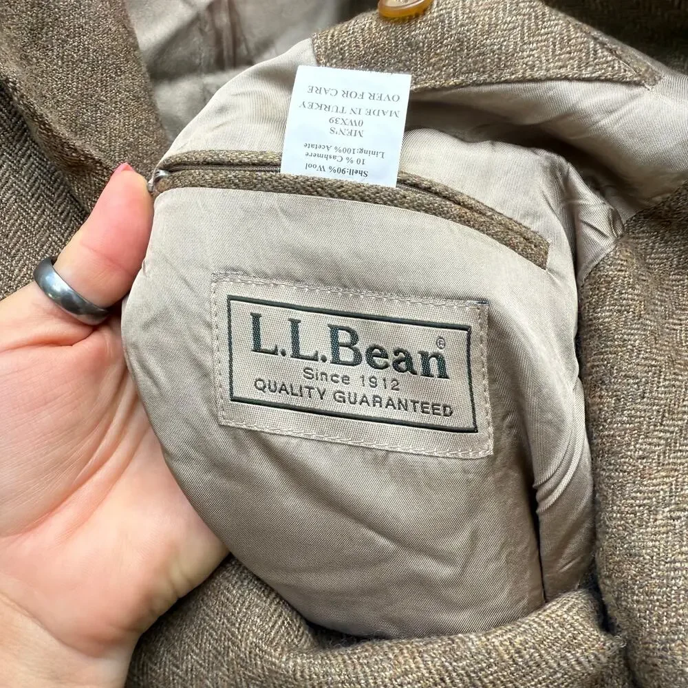 Vintage L.L. Bean Brown Herringbone Sport Coat Blazer Wool Cashmere 46R